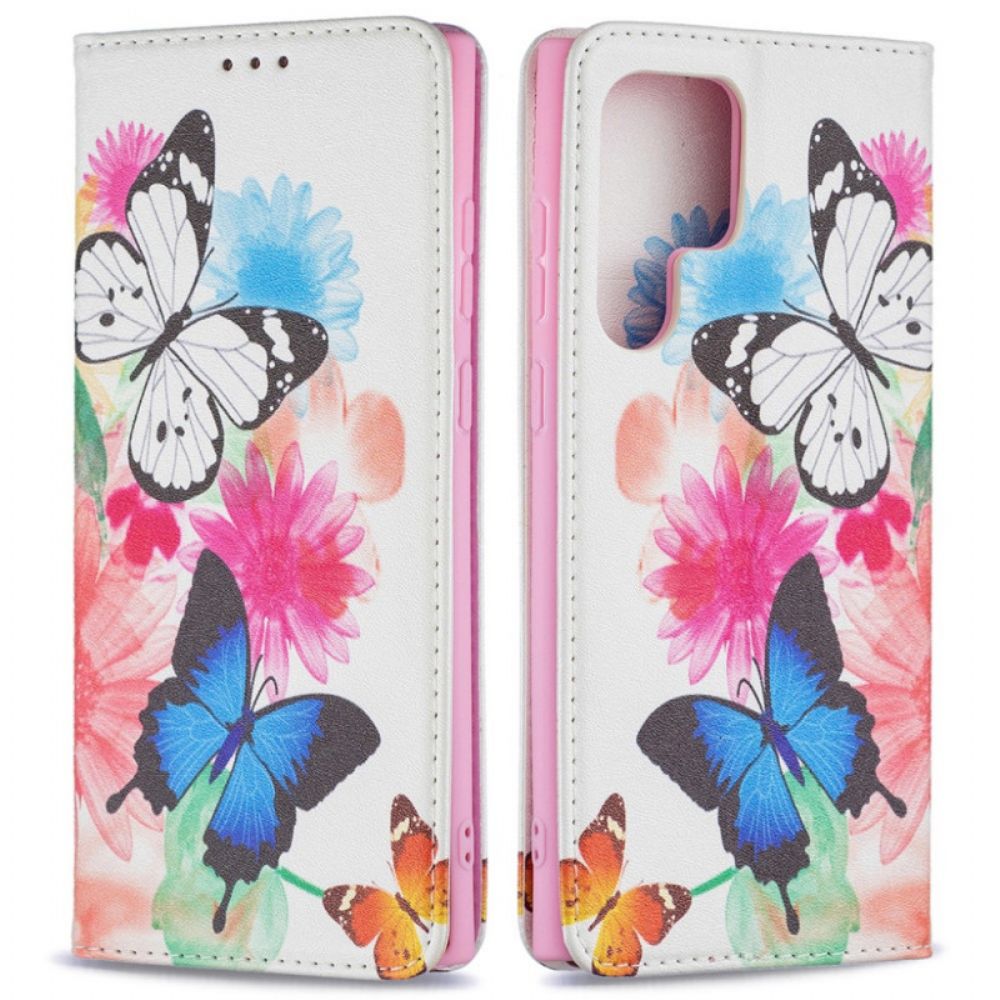 Leren Hoesje voor Samsung Galaxy S22 Ultra 5G Geschilderde Vlinders En Bloemen