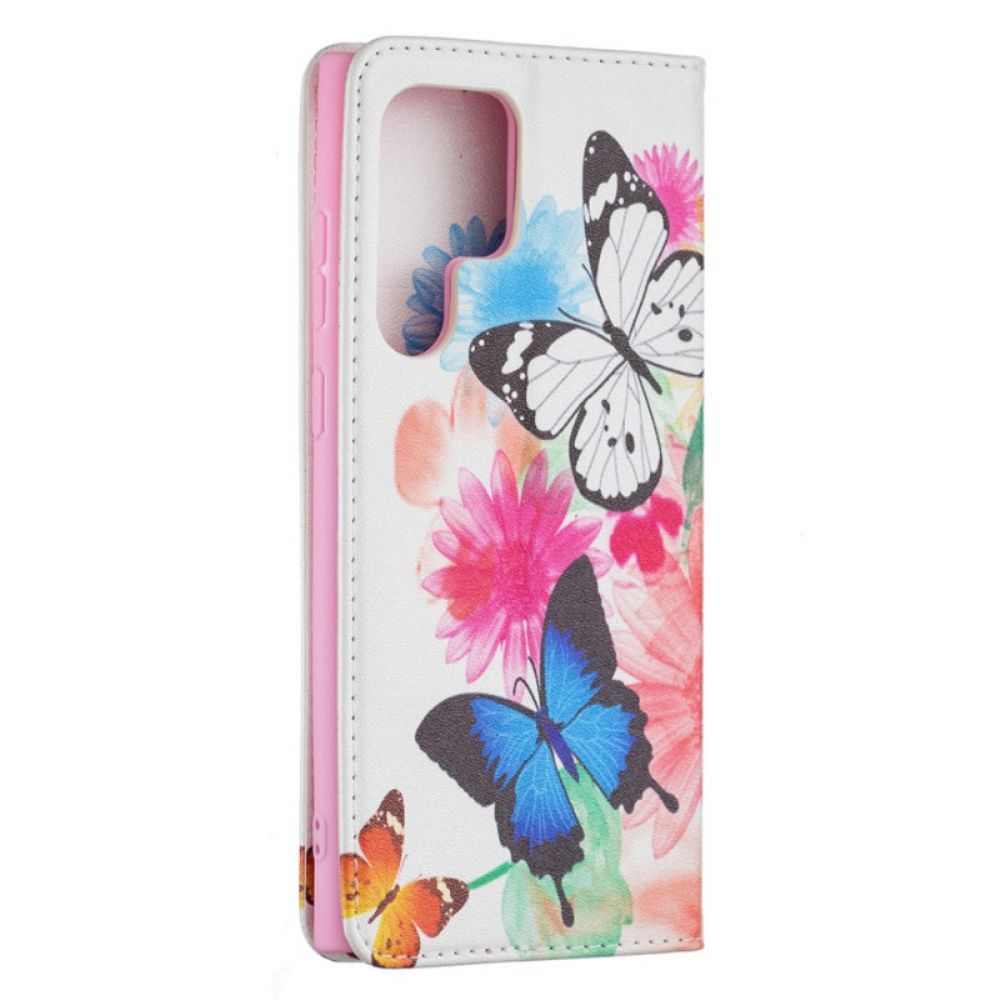 Leren Hoesje voor Samsung Galaxy S22 Ultra 5G Geschilderde Vlinders En Bloemen