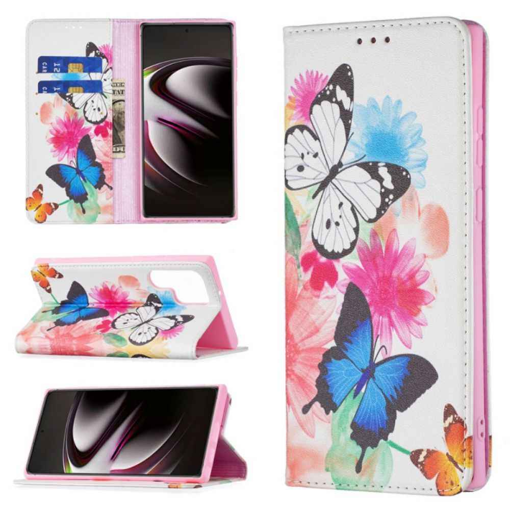 Leren Hoesje voor Samsung Galaxy S22 Ultra 5G Geschilderde Vlinders En Bloemen