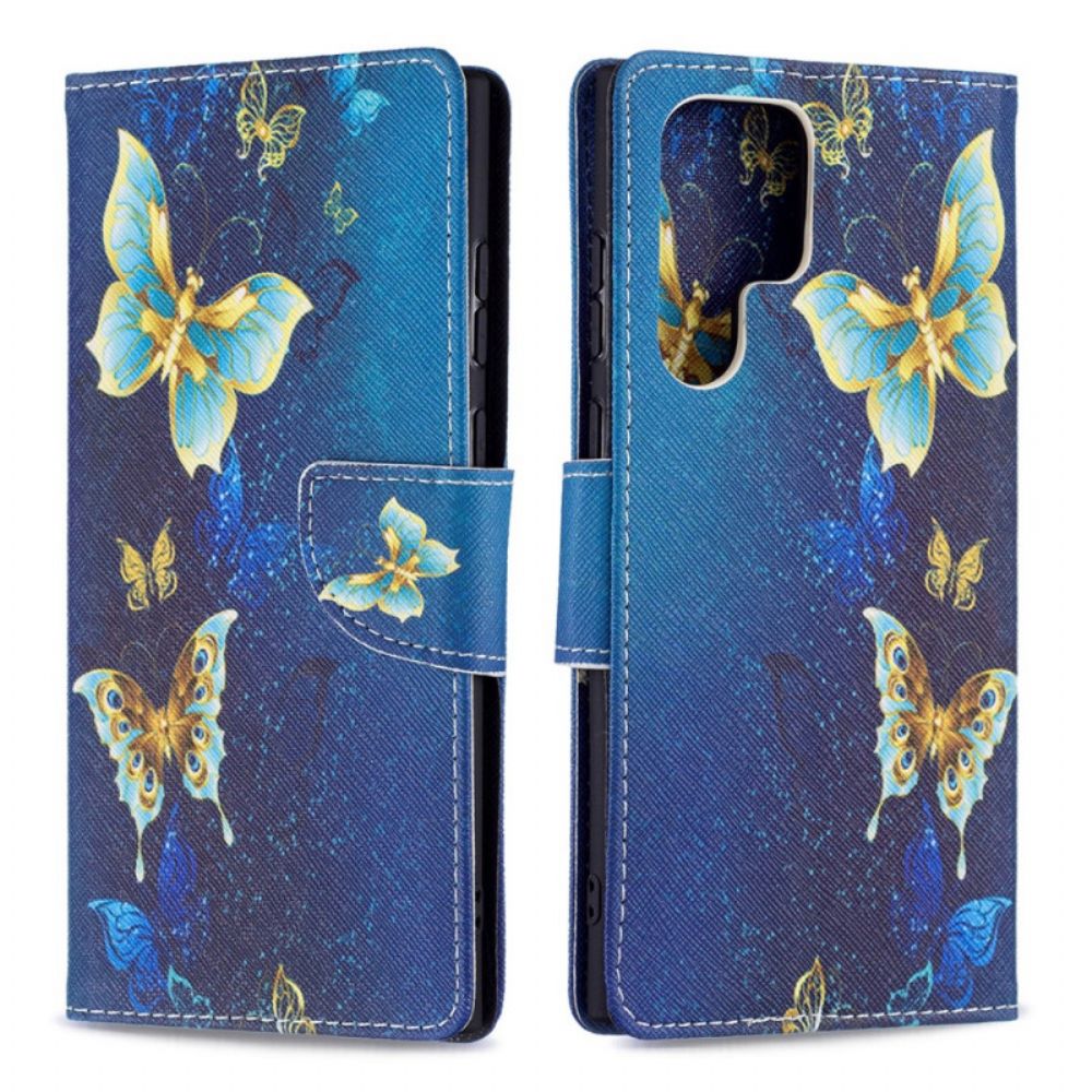 Leren Hoesje voor Samsung Galaxy S22 Ultra 5G Gouden Vlinders