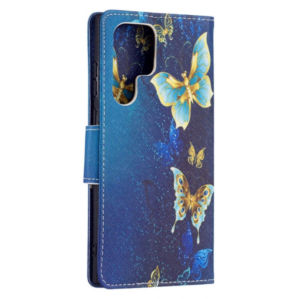 Leren Hoesje voor Samsung Galaxy S22 Ultra 5G Gouden Vlinders