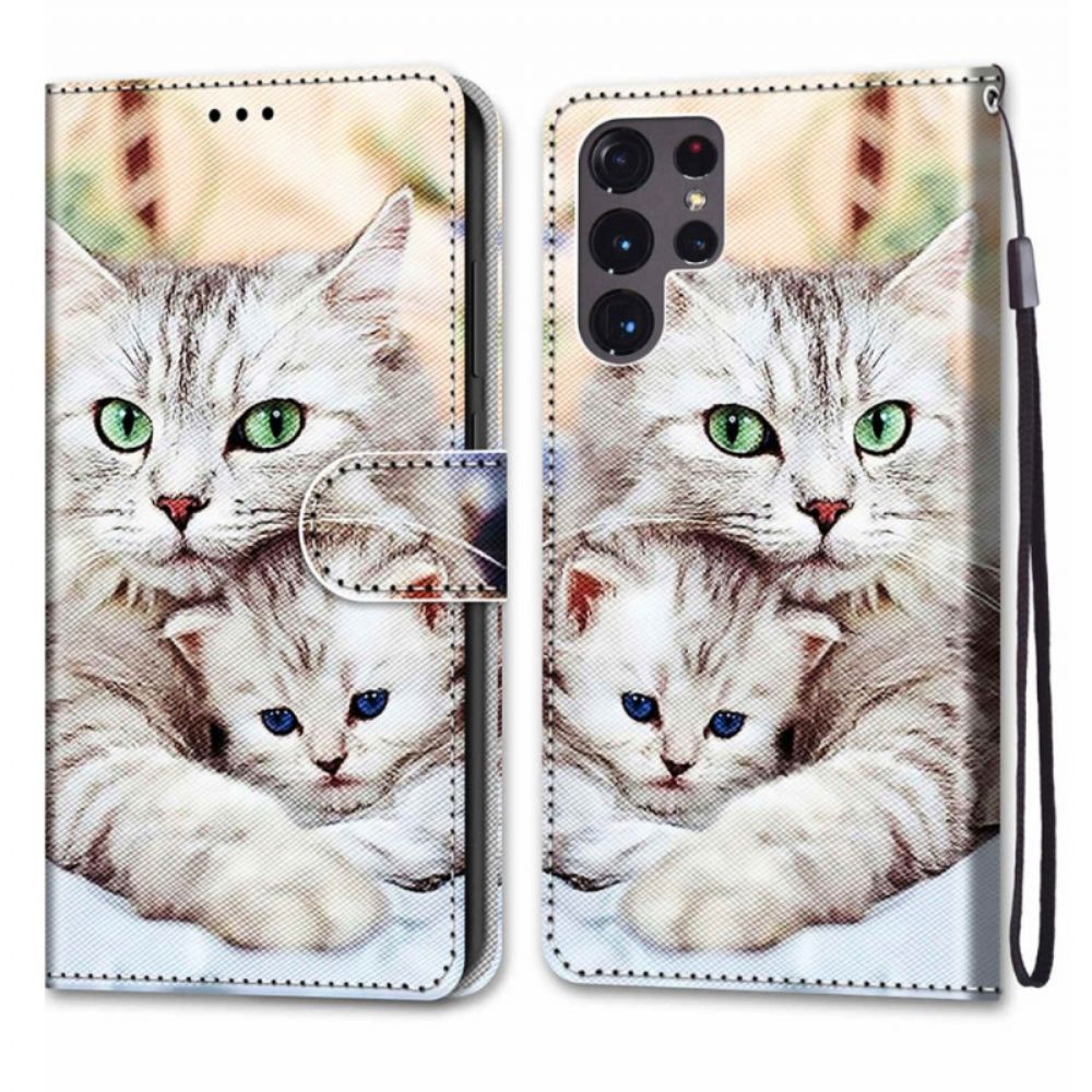 Leren Hoesje voor Samsung Galaxy S22 Ultra 5G Kattenfamilie