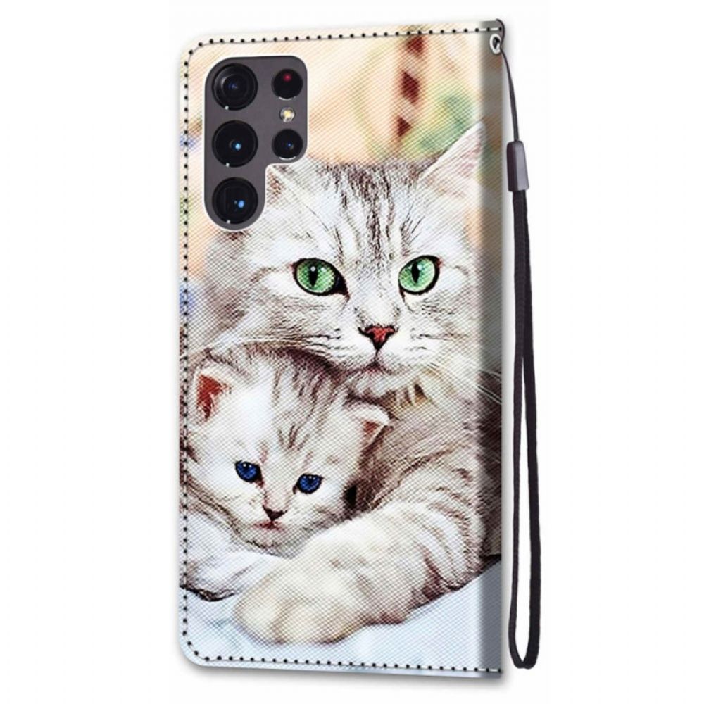 Leren Hoesje voor Samsung Galaxy S22 Ultra 5G Kattenfamilie