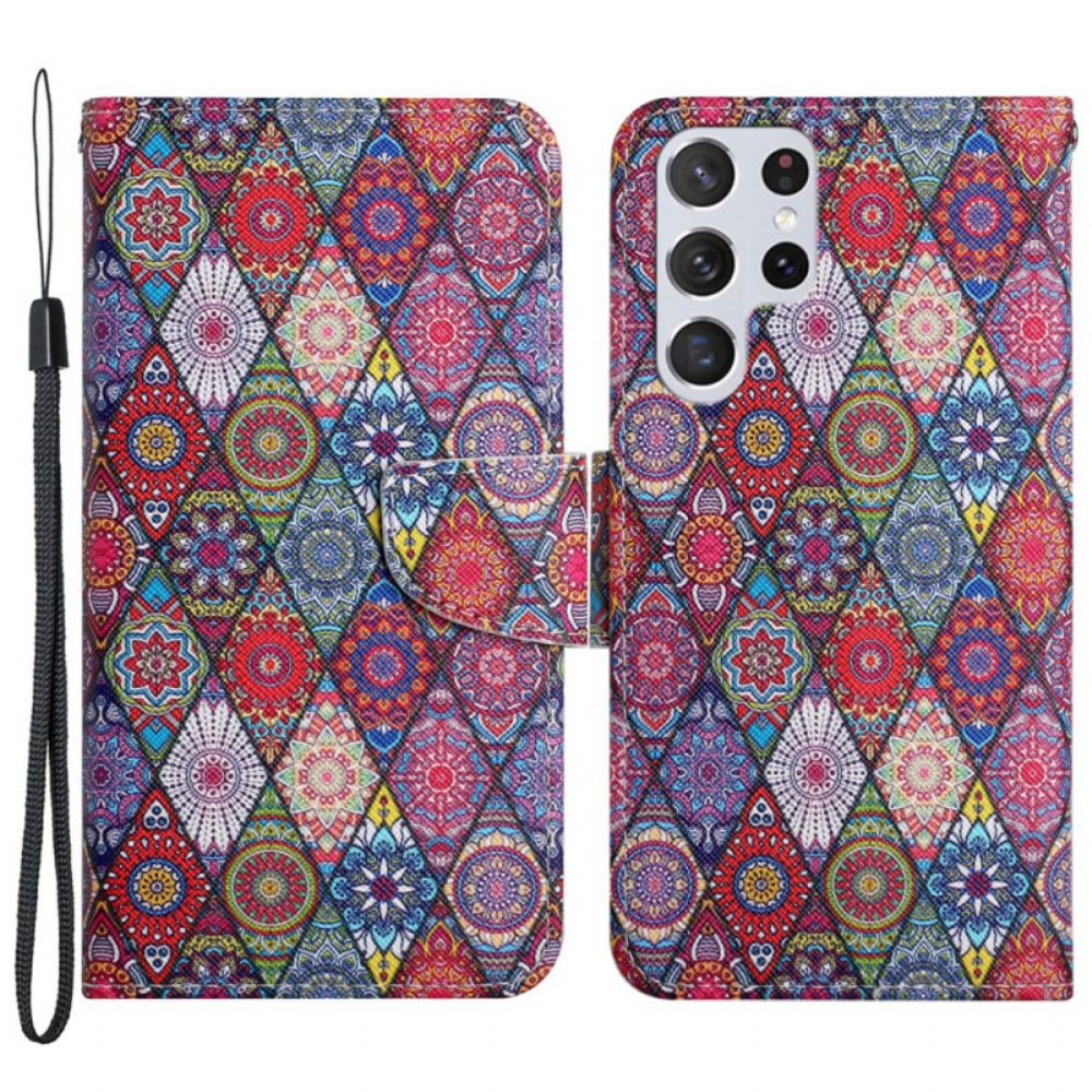 Leren Hoesje voor Samsung Galaxy S22 Ultra 5G Kleurrijk Tapijtpatroon