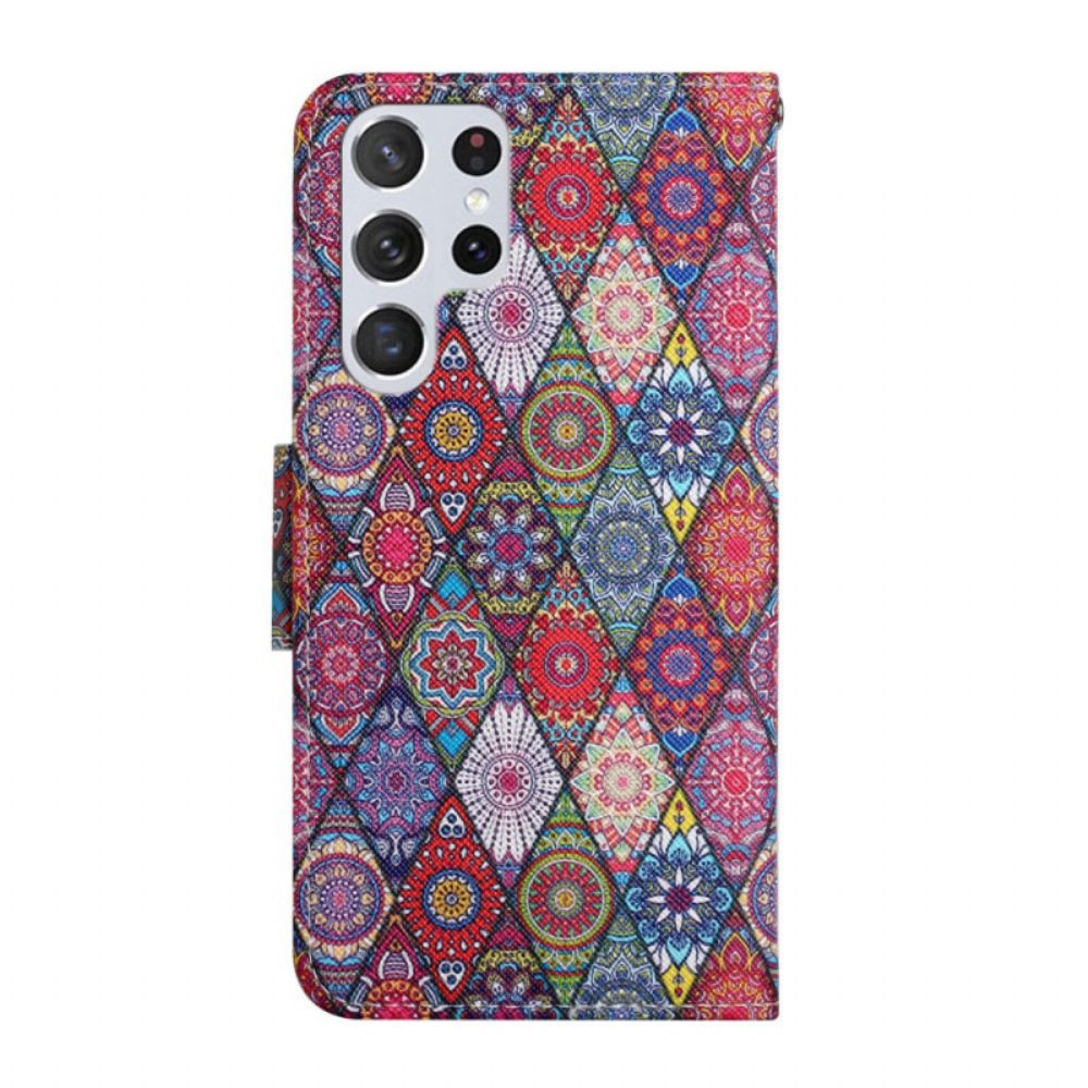 Leren Hoesje voor Samsung Galaxy S22 Ultra 5G Kleurrijk Tapijtpatroon