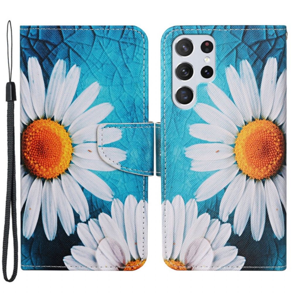 Leren Hoesje voor Samsung Galaxy S22 Ultra 5G Met Ketting Thong Madeliefjes