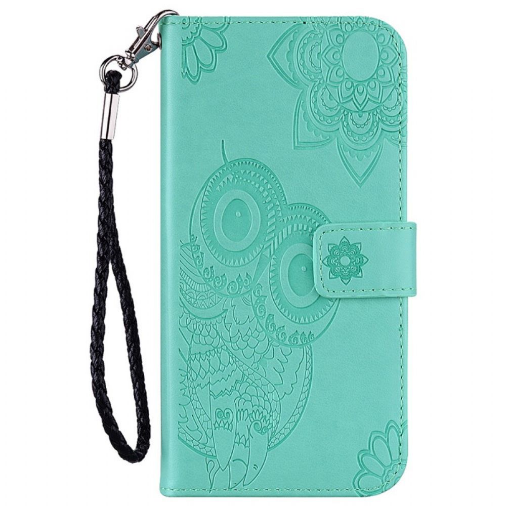 Leren Hoesje voor Samsung Galaxy S22 Ultra 5G Uil Mandala En Lanyard