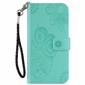 Leren Hoesje voor Samsung Galaxy S22 Ultra 5G Uil Mandala En Lanyard