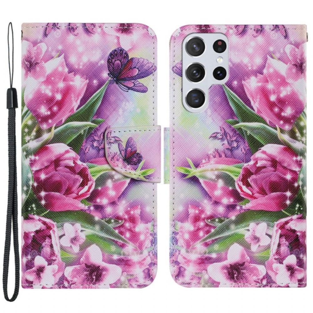 Leren Hoesje voor Samsung Galaxy S22 Ultra 5G Vlinders En Tulpen