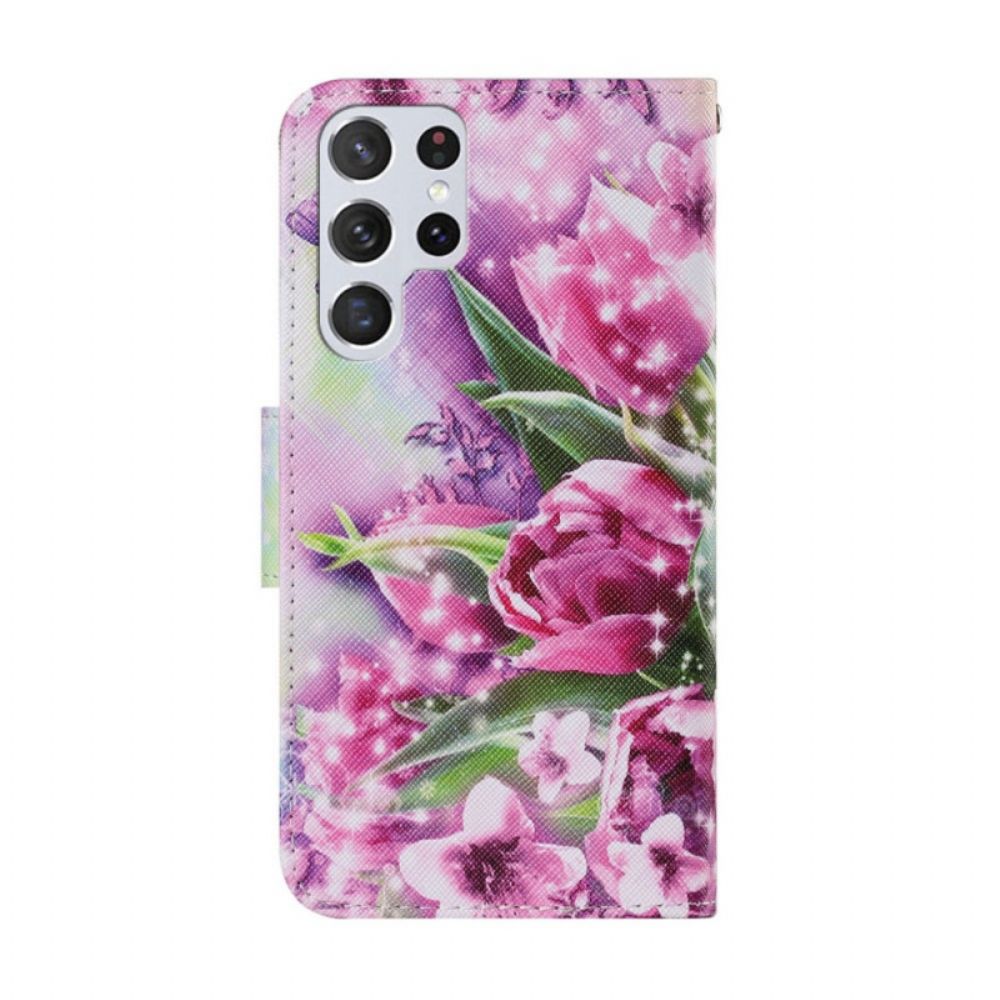 Leren Hoesje voor Samsung Galaxy S22 Ultra 5G Vlinders En Tulpen