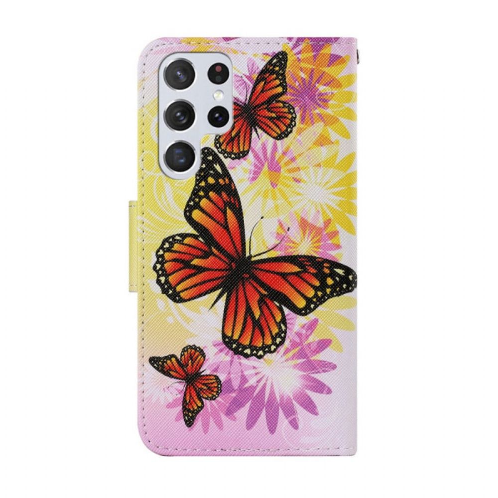 Leren Hoesje voor Samsung Galaxy S22 Ultra 5G Vlinders En Zomerbloemen