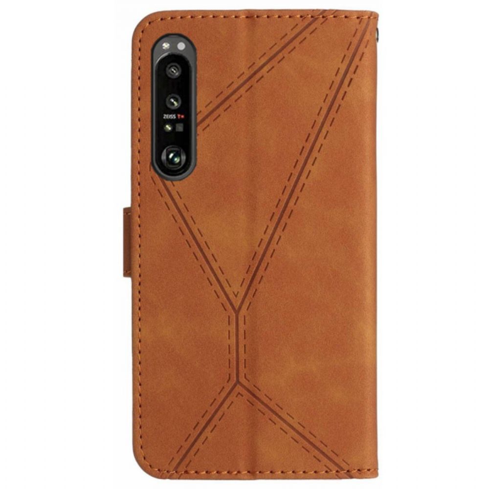 Flip Case Leren Sony Xperia 1 Vi Lijnen En Gestippelde Bandjes