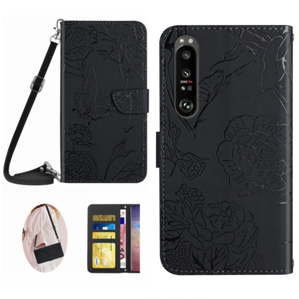 Flip Case Leren Sony Xperia 1 Vi Vlinderprint Met Schouderband