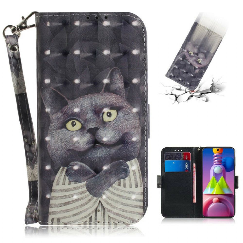 Folio-hoesje voor Samsung Galaxy M51 Met Ketting Grijze Kat Met Bandjes