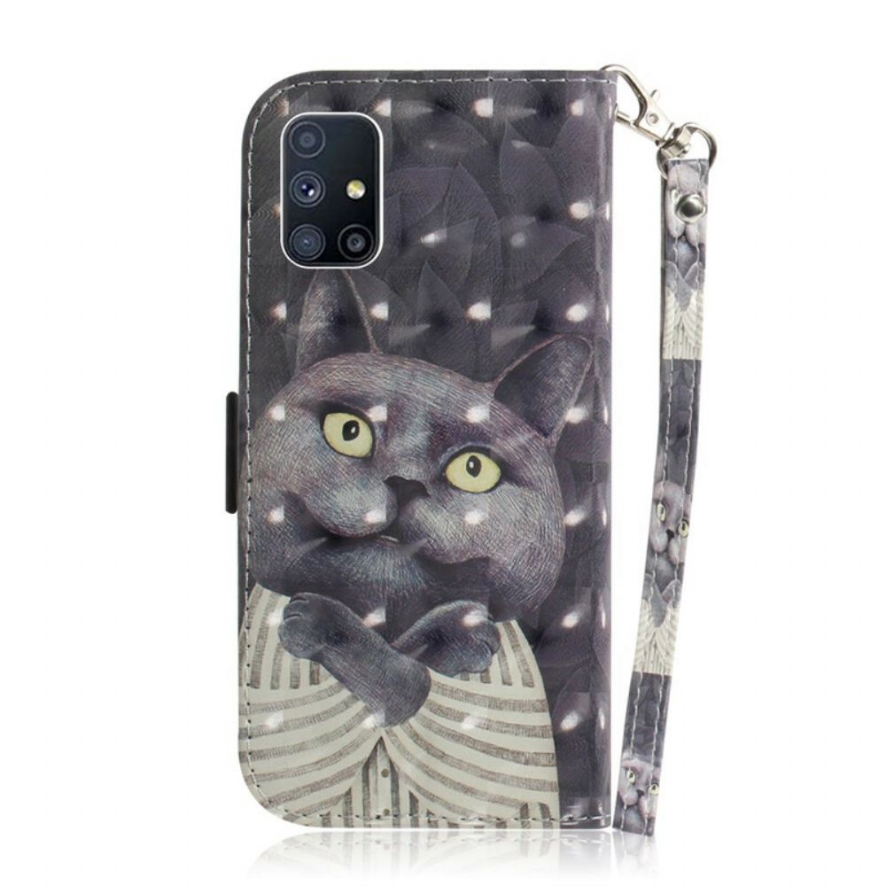 Folio-hoesje voor Samsung Galaxy M51 Met Ketting Grijze Kat Met Bandjes