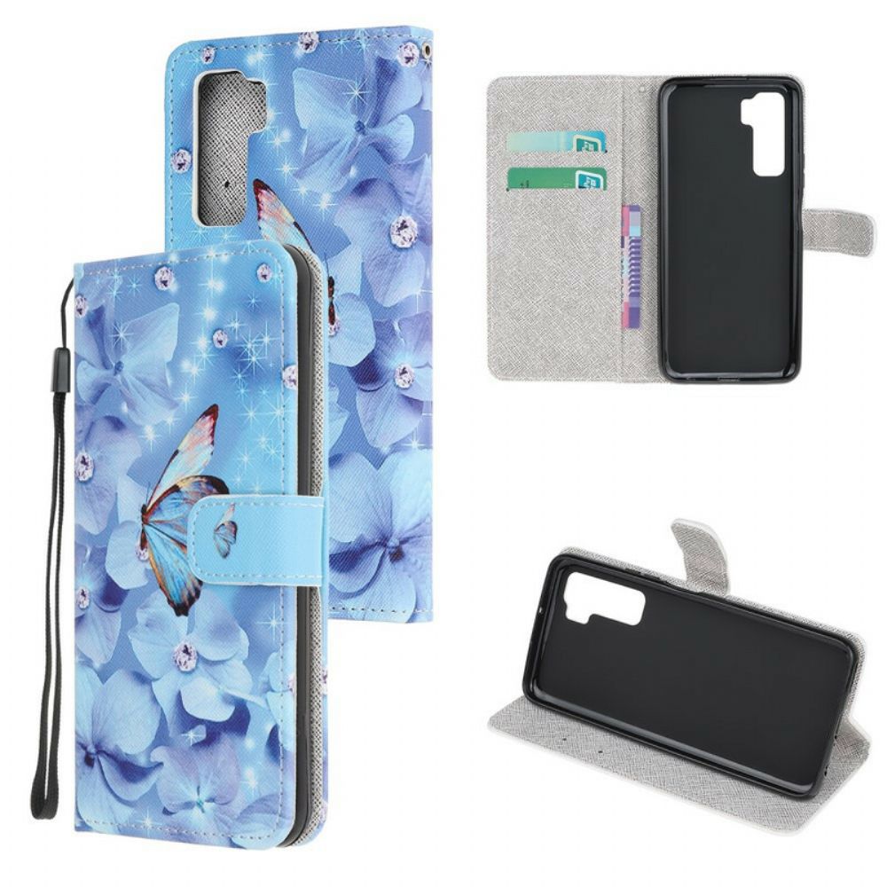 Folio-hoesje voor Huawei P40 Lite 5G Met Ketting Vlinders Met Diamanten Band