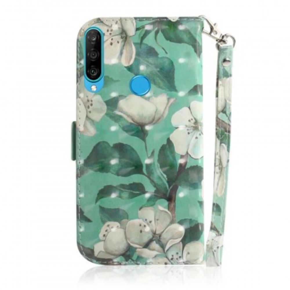 Folio-hoesje voor Huawei P30 Lite Met Ketting Thong Bloementak