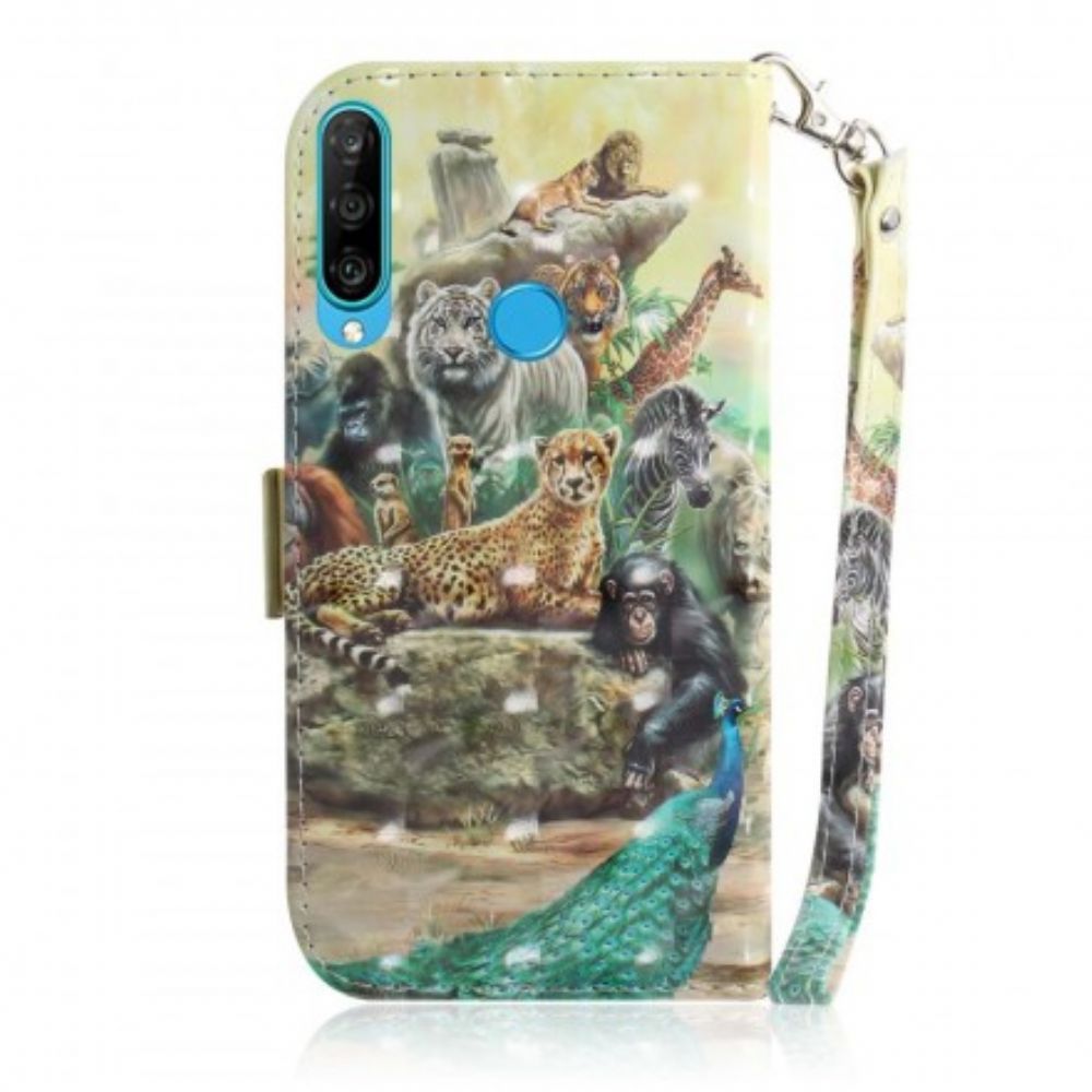 Folio-hoesje voor Huawei P30 Lite Met Ketting Thong Safari Dieren