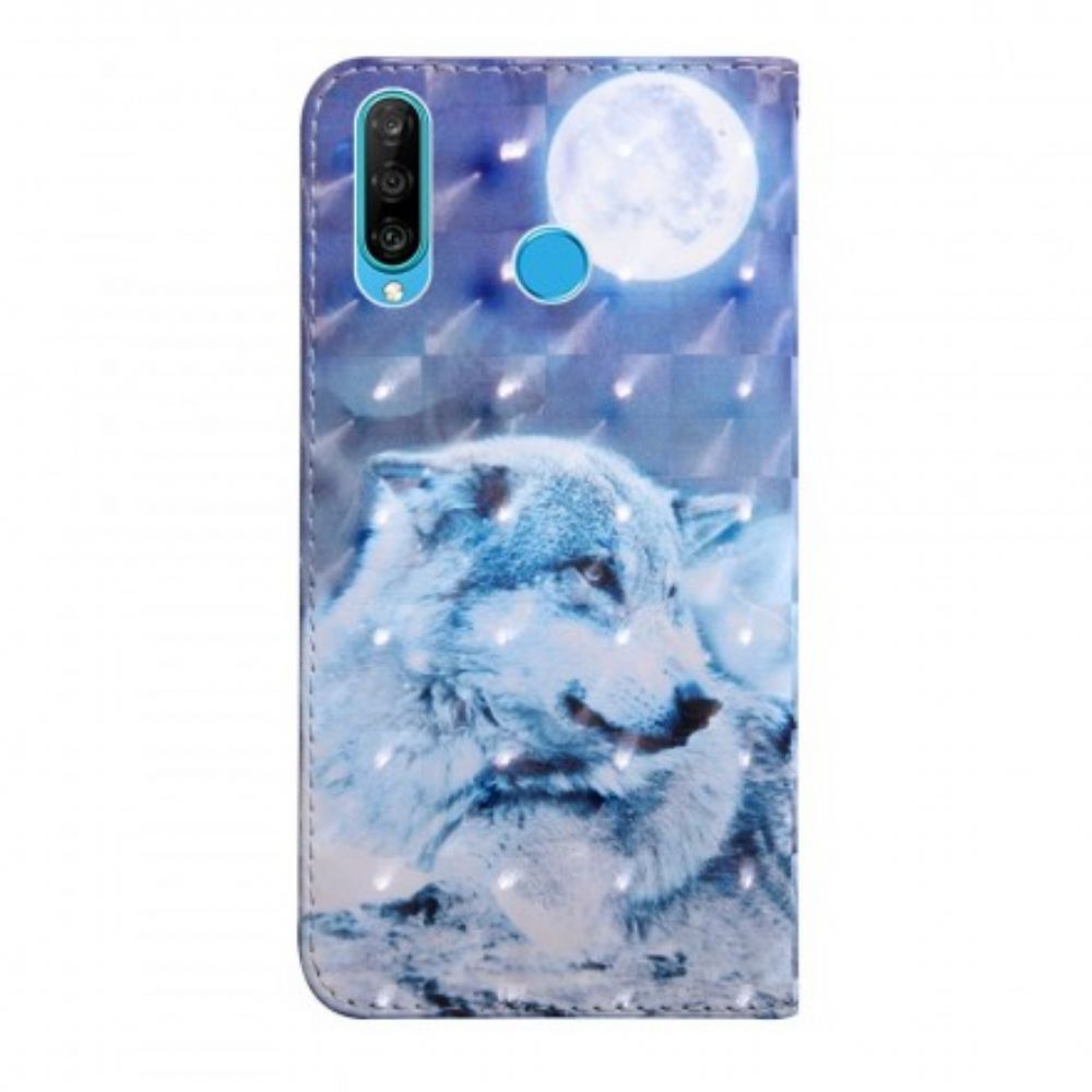 Leren Hoesje voor Huawei P30 Lite Maanverlichte Wolf