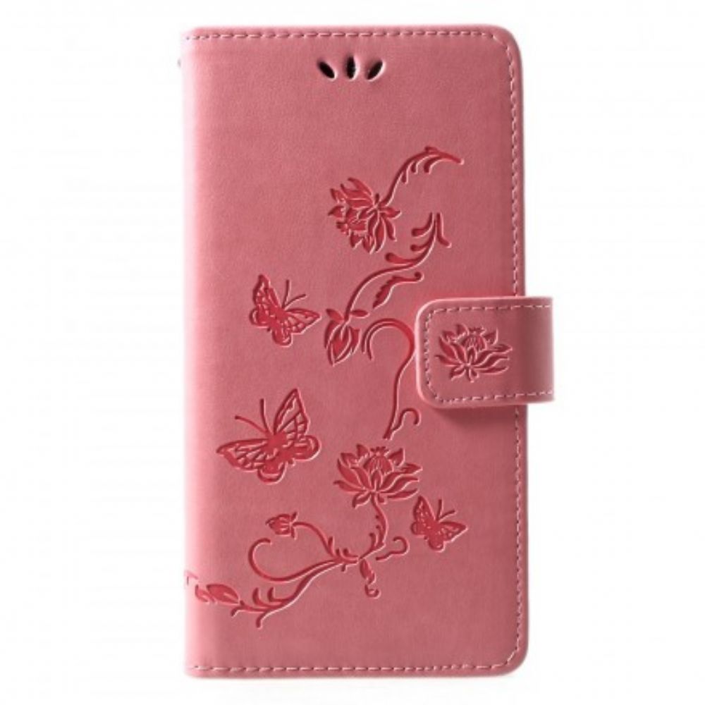 Leren Hoesje voor Huawei P30 Lite Met Ketting Thong Vlinders En Bloemen