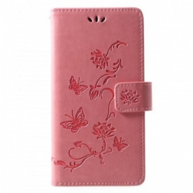 Leren Hoesje voor Huawei P30 Lite Met Ketting Thong Vlinders En Bloemen