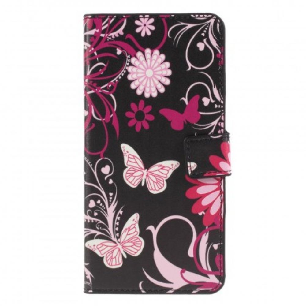 Leren Hoesje voor Huawei P30 Lite Vlinders En Bloemen