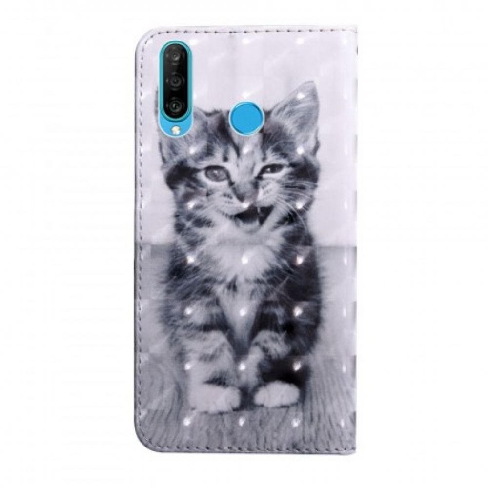 Leren Hoesje voor Huawei P30 Lite Zwart-witte Kat