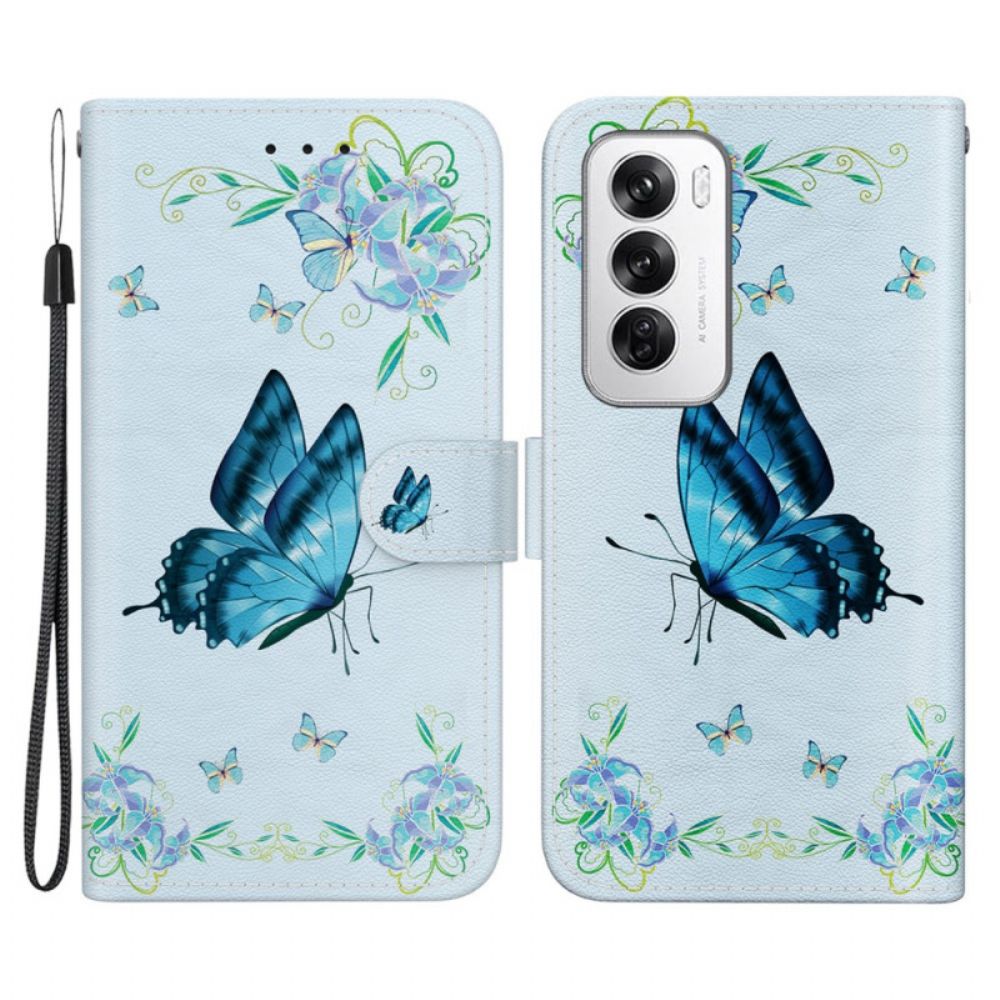 Folio-hoesje Oppo Reno 12 5g Telefoonhoesje Blauwe Vlinders En Bloemen Met Riempje