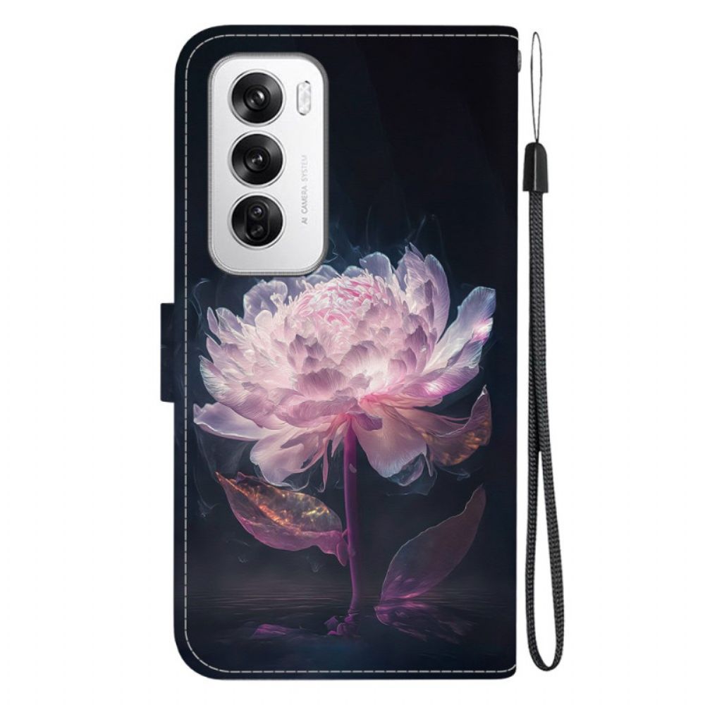 Folio-hoesje Oppo Reno 12 5g Telefoonhoesje Paarse Pioen Met Riem