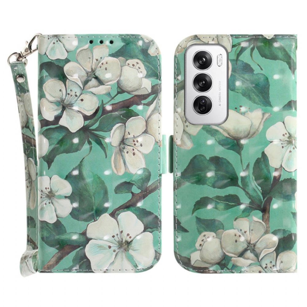 Leren Hoesje Voor Oppo Reno 12 5g Aquarelbloemen Met Riempje