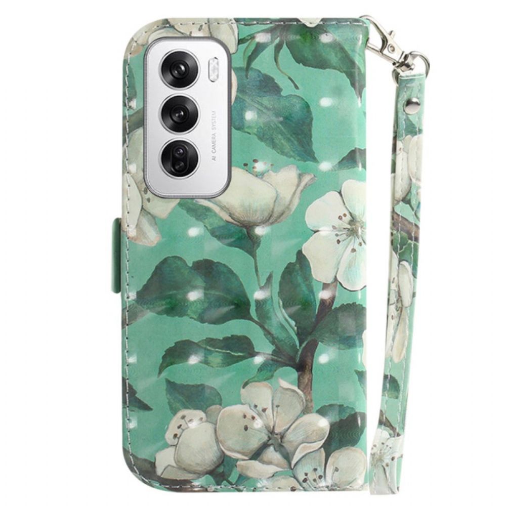 Leren Hoesje Voor Oppo Reno 12 5g Aquarelbloemen Met Riempje