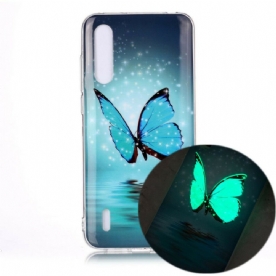 Hoesje voor Xiaomi Mi A3 Fluorescerende Blauwe Vlinder