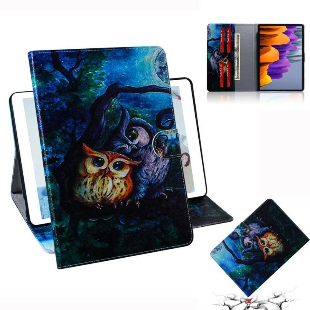 Leren Hoesje voor Samsung Galaxy Tab S7 / Tab S8 Uil Schilderij