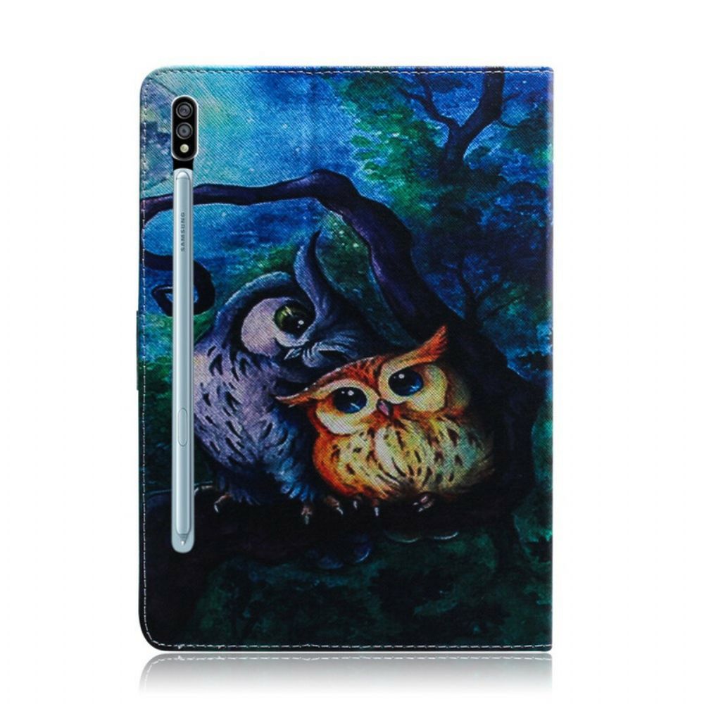 Leren Hoesje voor Samsung Galaxy Tab S7 / Tab S8 Uil Schilderij