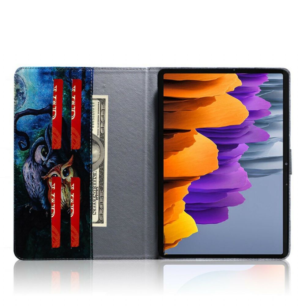 Leren Hoesje voor Samsung Galaxy Tab S7 / Tab S8 Uil Schilderij