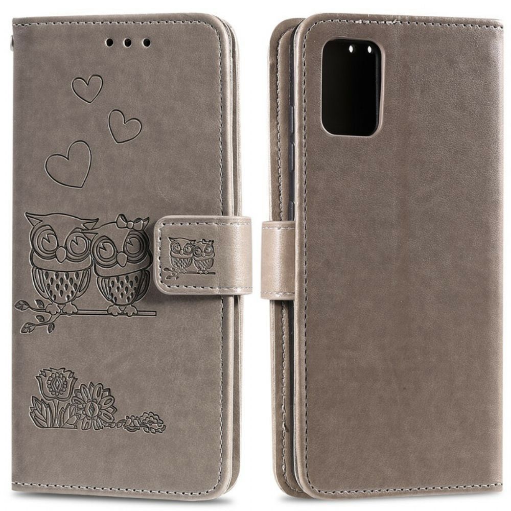 Folio-hoesje voor Samsung Galaxy A51 Met Ketting Liefdevolle Uilen Met Bandjes