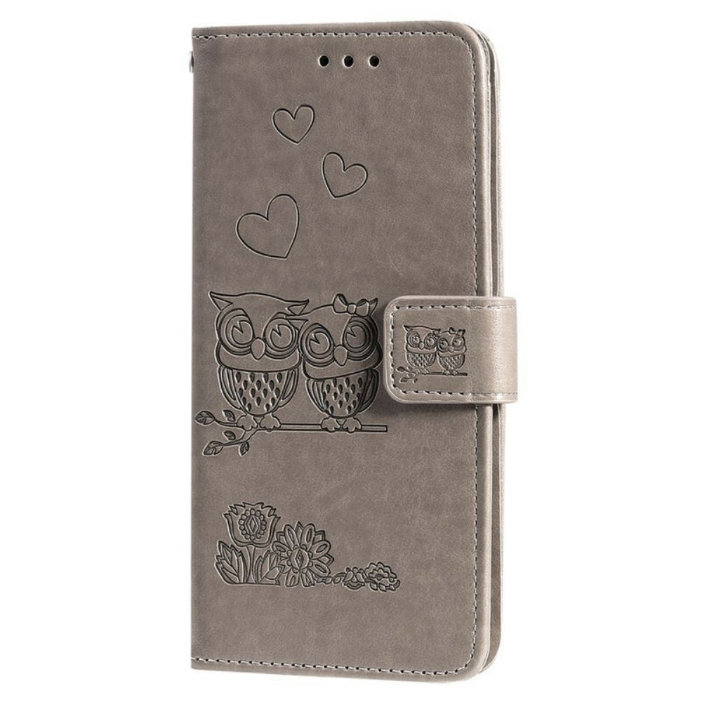 Folio-hoesje voor Samsung Galaxy A51 Met Ketting Liefdevolle Uilen Met Bandjes