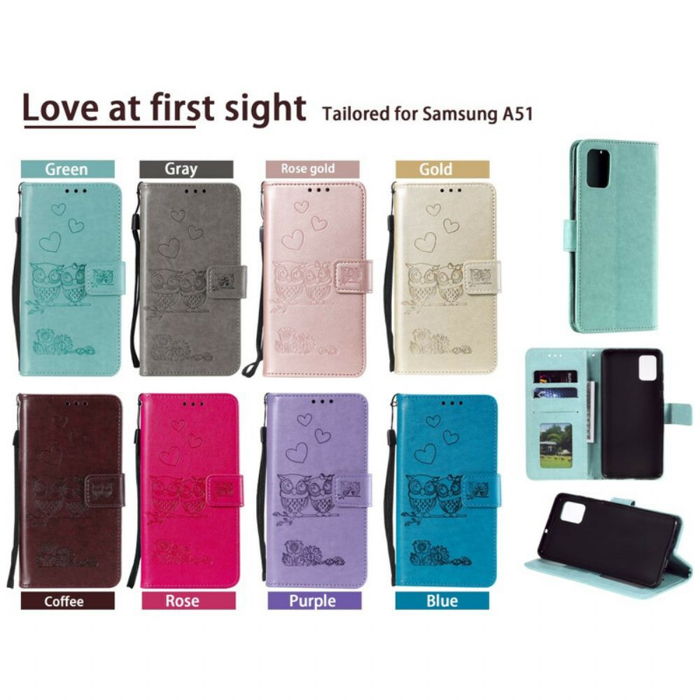 Folio-hoesje voor Samsung Galaxy A51 Met Ketting Liefdevolle Uilen Met Bandjes