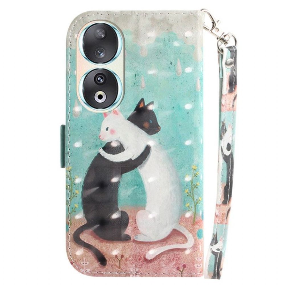 Flip Case voor Honor 90 Met Ketting Zwarte Kat Witte Kat Met Riem