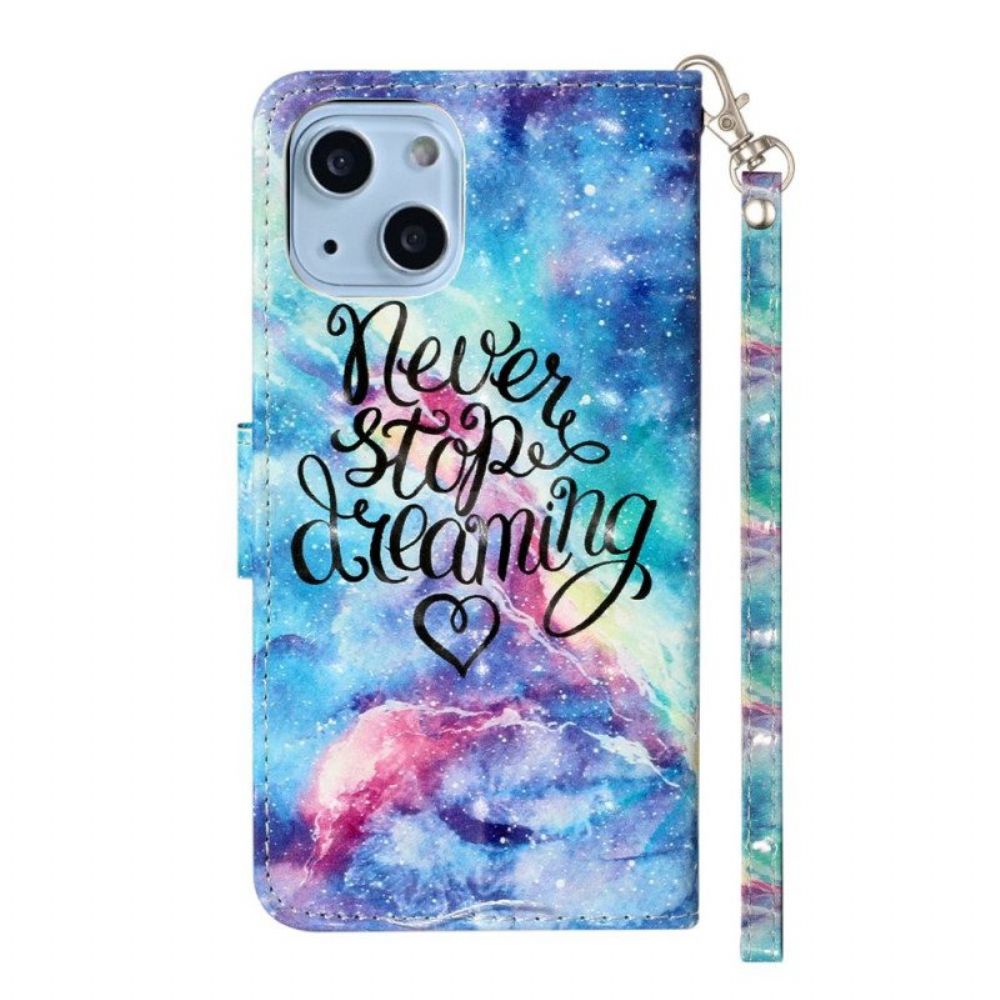 Flip Case voor iPhone 15 Plus Met Ketting Stop Nooit Met Dromen 3d-riem