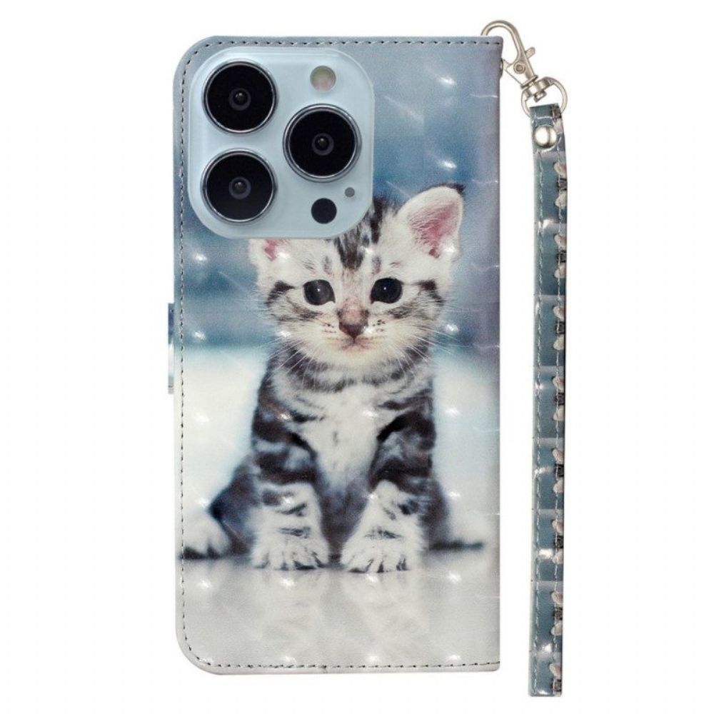 Flip Case voor iPhone 15 Pro Met Ketting 3d Katje Met Riem