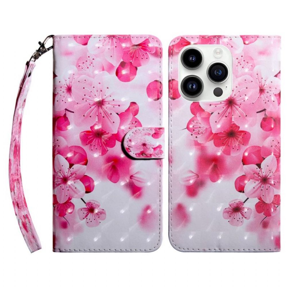 Flip Case voor iPhone 15 Pro Met Ketting Bandje Bloemen