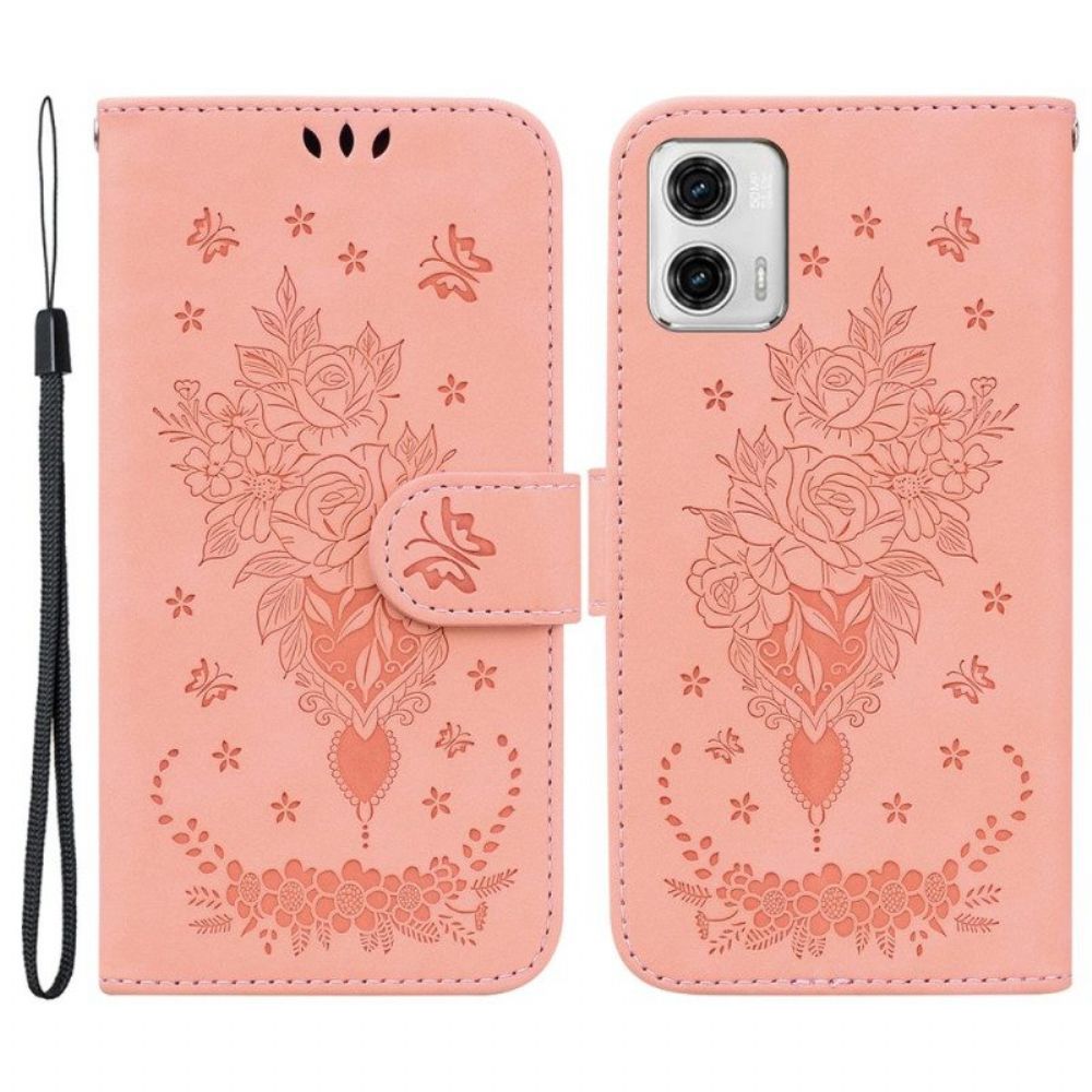 Flip Case voor Moto G73 5G Met Ketting Strappy Rozen En Vlinders