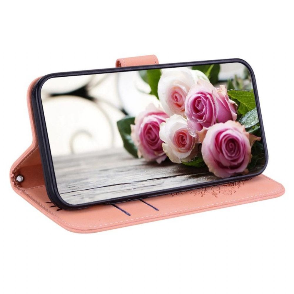 Flip Case voor Moto G73 5G Met Ketting Strappy Rozen En Vlinders