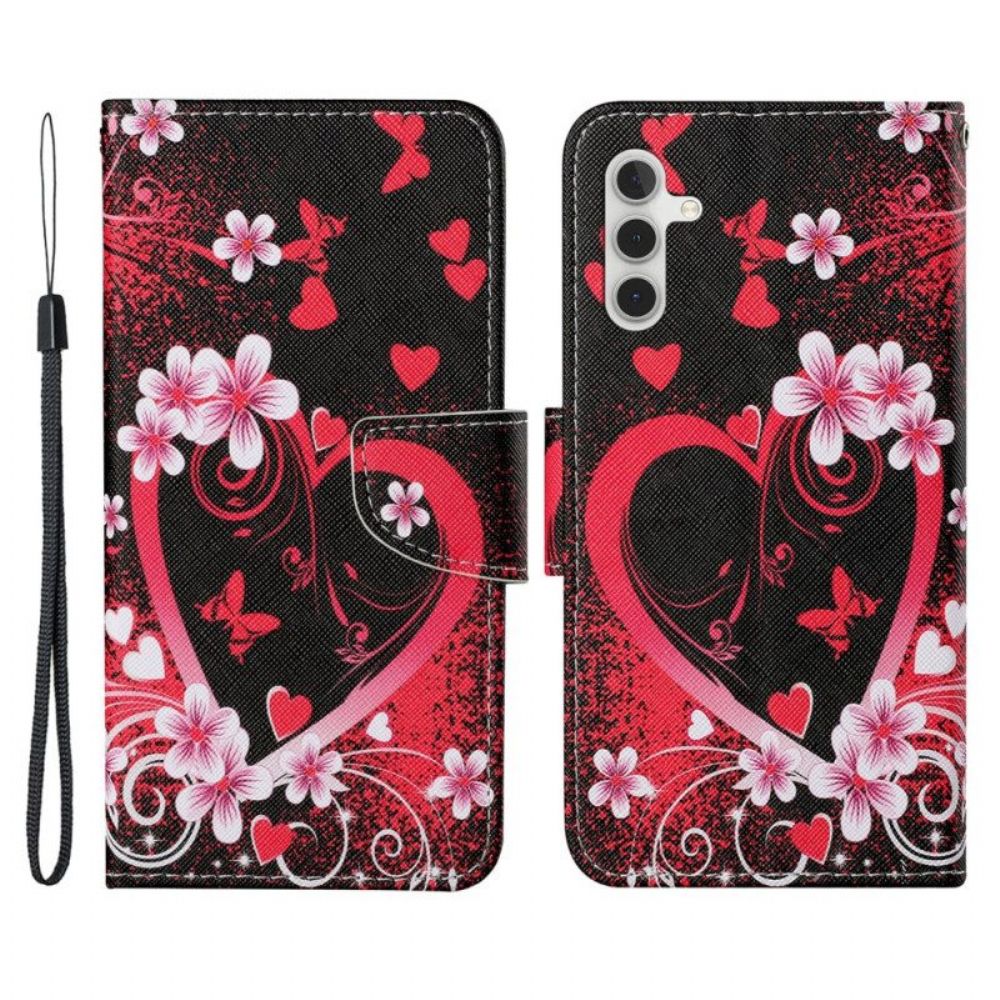 Flip Case voor Samsung Galaxy A54 5G Bloemen En Harten Met Sleutelkoord