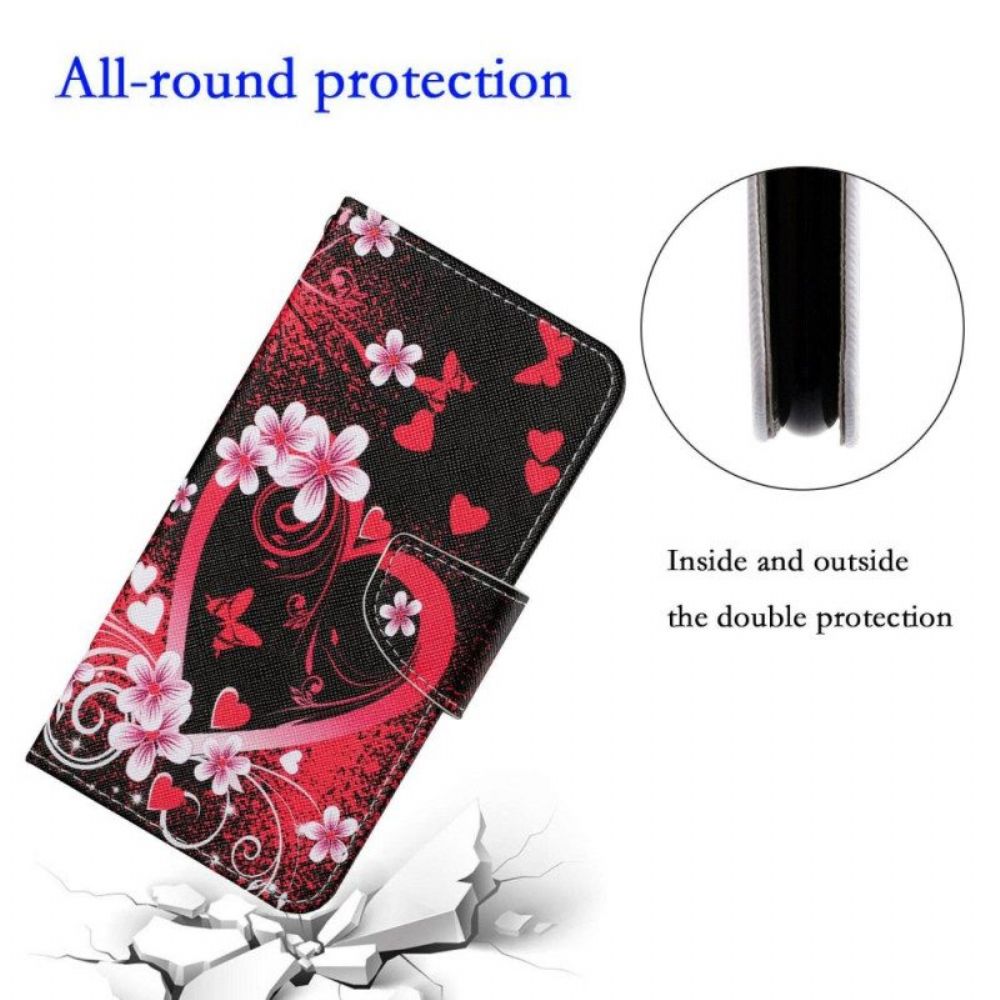 Flip Case voor Xiaomi 12T / 12T Pro Bloemen En Harten Met Sleutelkoord