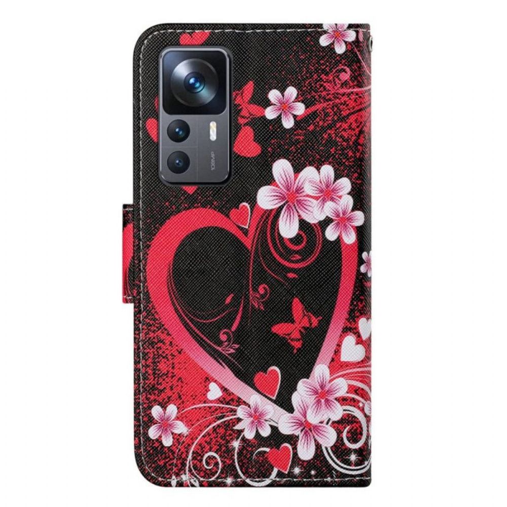 Flip Case voor Xiaomi 12T / 12T Pro Bloemen En Harten Met Sleutelkoord