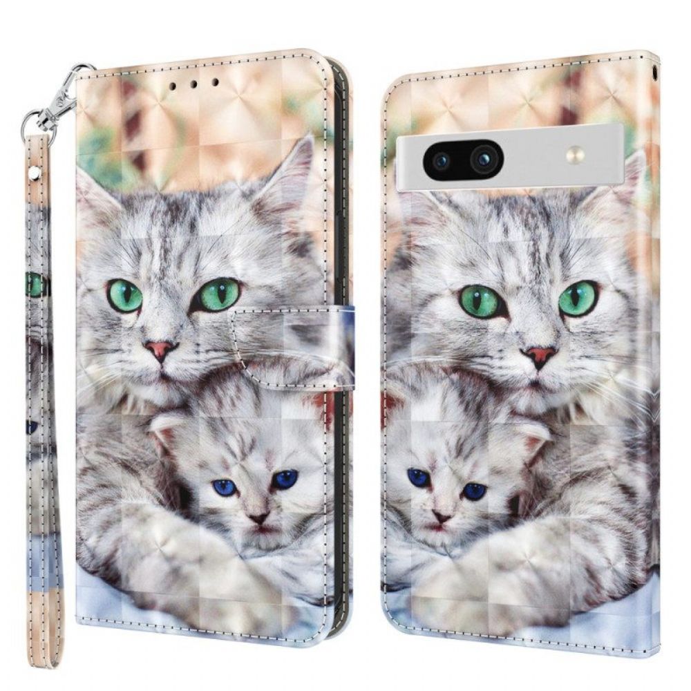 Folio-hoesje voor Google Pixel 7A Met Ketting Strappy Cat-familie