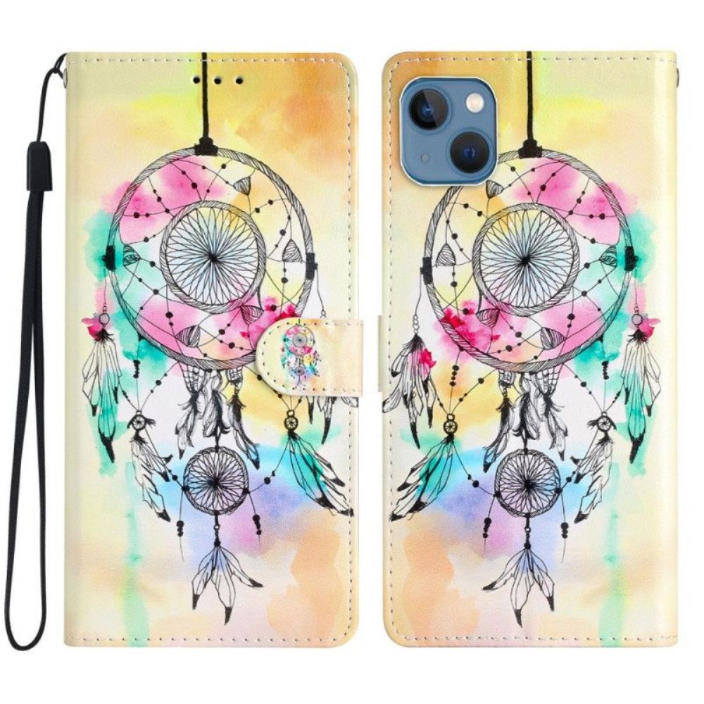 Folio-hoesje voor iPhone 15 Met Ketting Aquarel Dromenvanger Met Riem