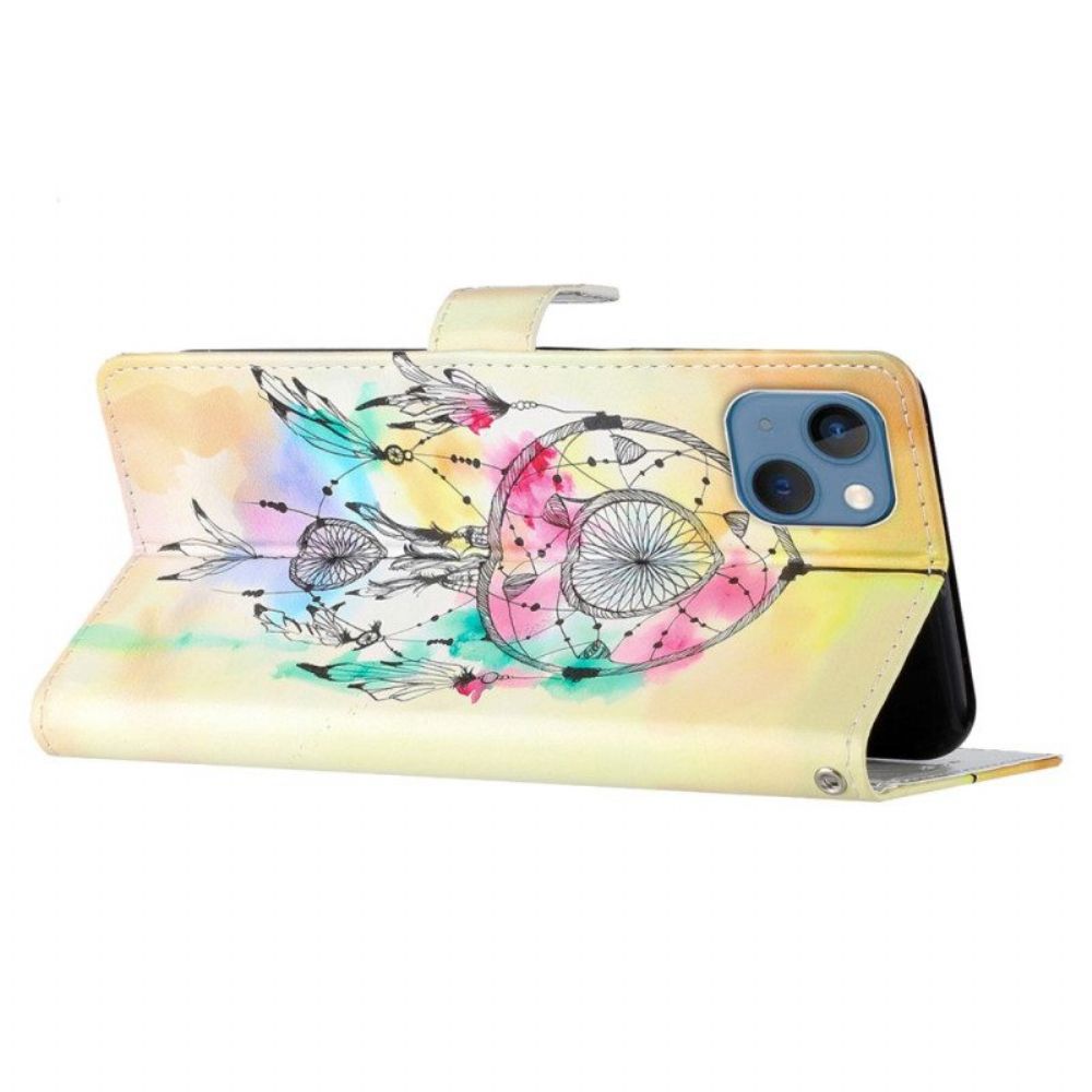 Folio-hoesje voor iPhone 15 Met Ketting Aquarel Dromenvanger Met Riem